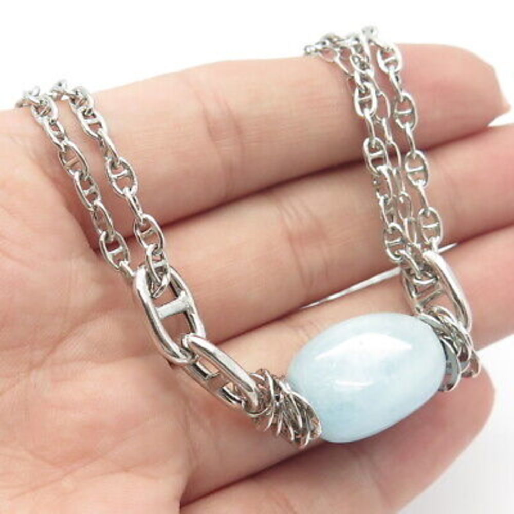 925 Sterling Silver Vintage Aquamarine Gem Anchor Mariner Chain Necklace 32"